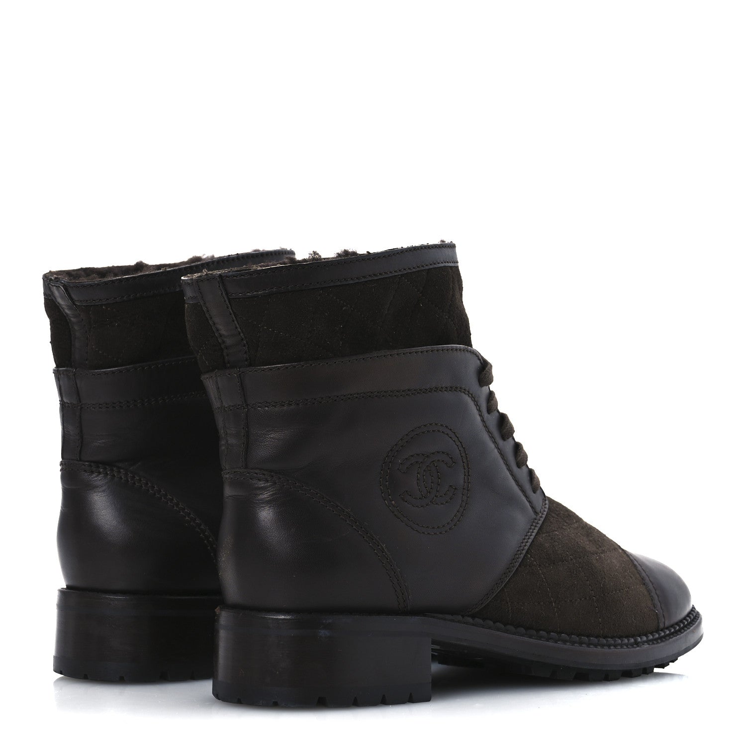 Chanel Suede Calfskin Shearling Cap Toe CC Short Boots 39 Brown