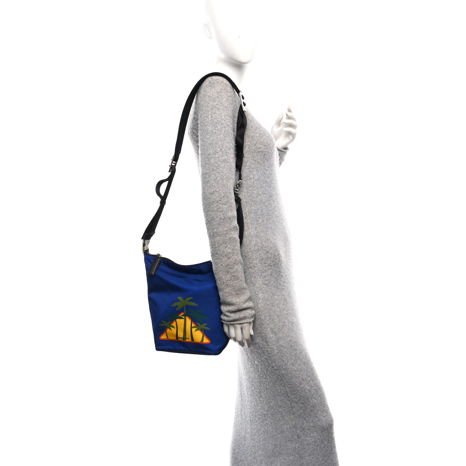 Prada Tessuto Nylon Palm Tree Print Bucket Bag Bluette