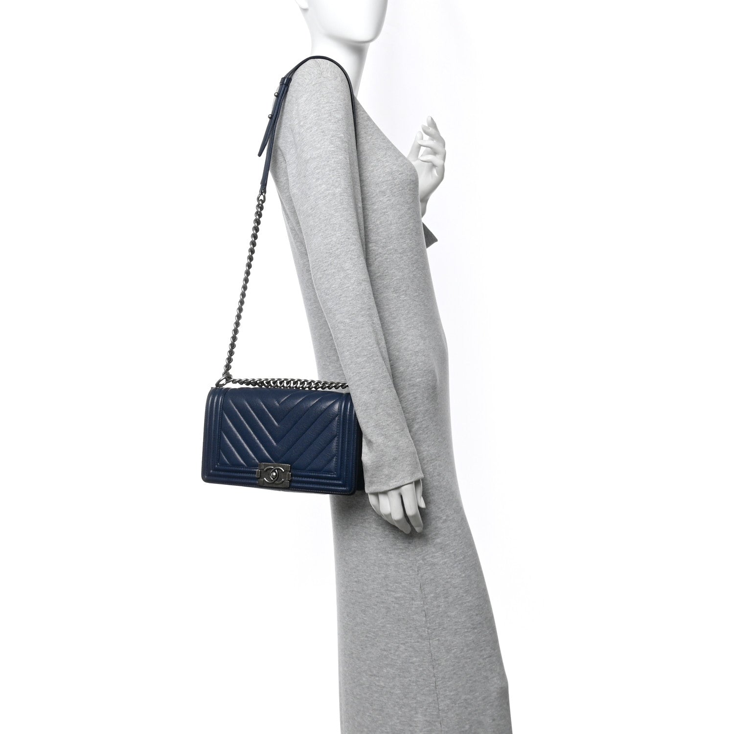 Chanel Caviar Chevron Quilted Medium Boy Flap Navy