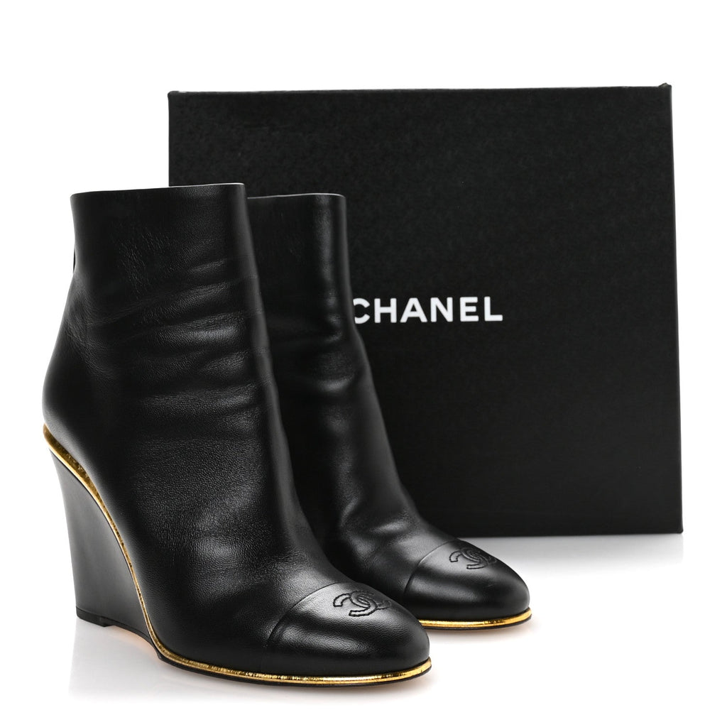 Lambskin Cap Toe Wedge Ankle Boots 38.5 Black