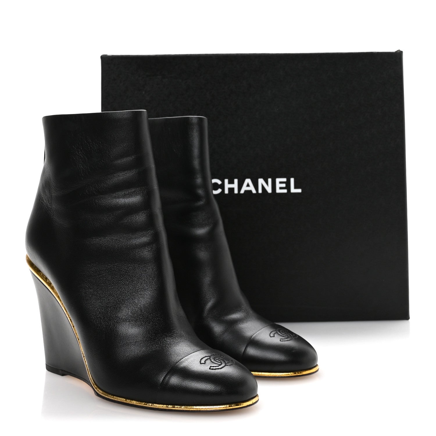 Lambskin Cap Toe Wedge Ankle Boots 38.5 Black