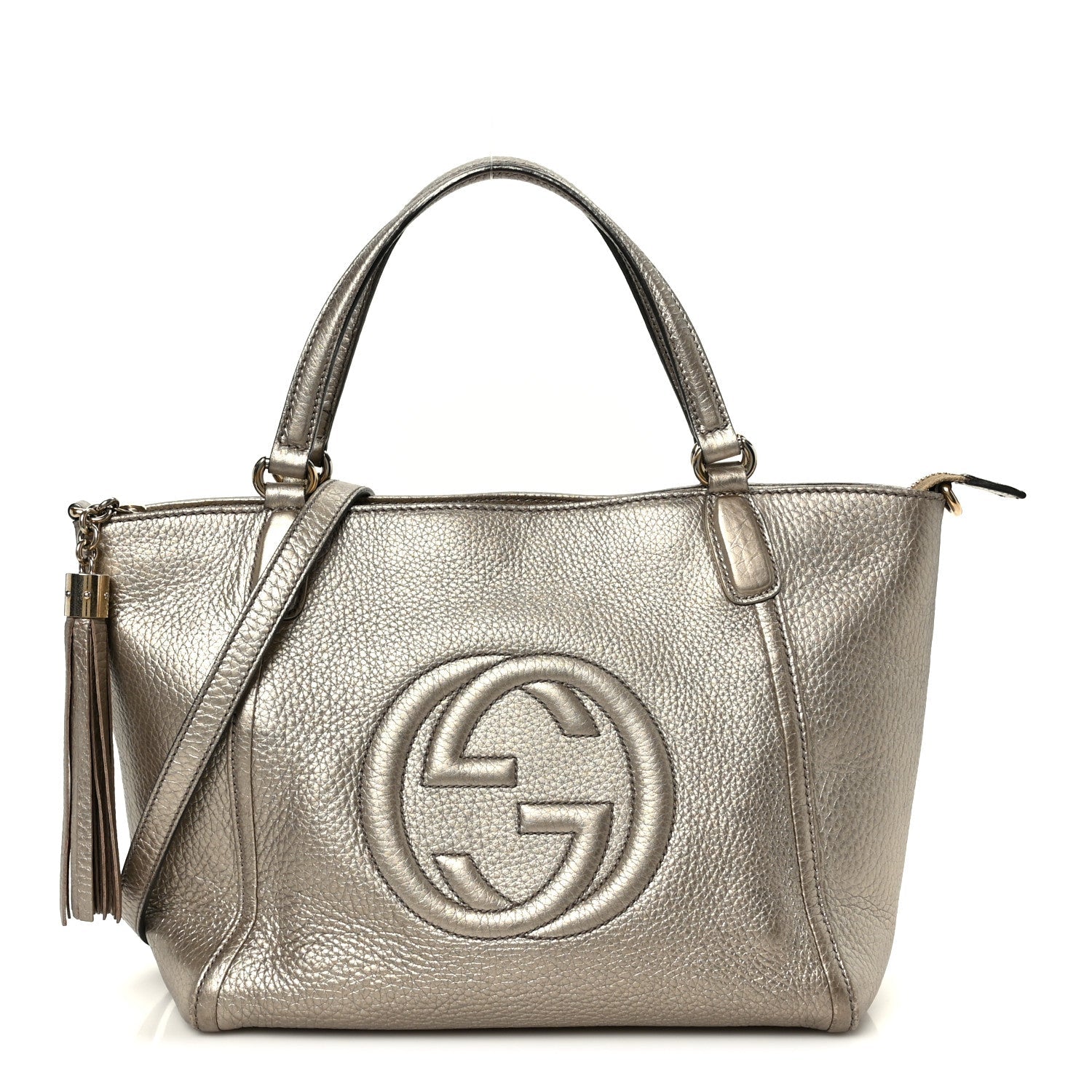 Gucci Metallic Pebbled Calfskin Small Soho Top Handle Bag Golden Beige