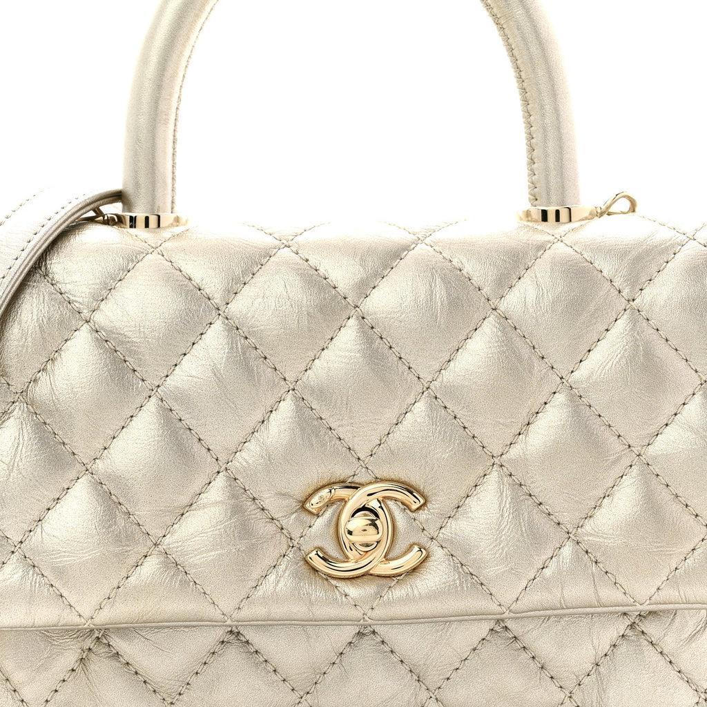 Chanel Metallic Aged Calfskin Quilted Mini Coco Handle Flap Gold