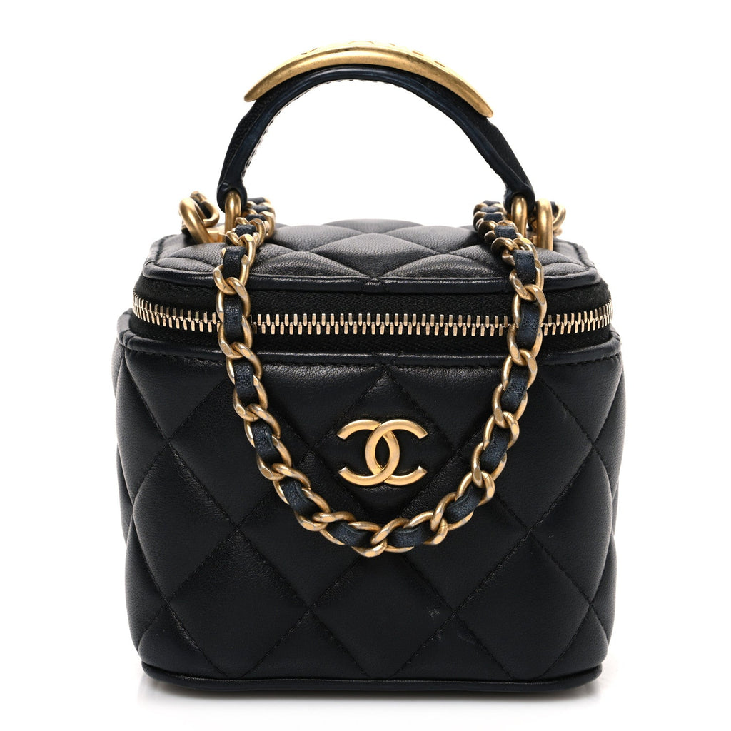 Chanel Lambskin Quilted Metal Mini Top Handle Vanity Case With Chain Black