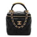 Chanel Lambskin Quilted Metal Mini Top Handle Vanity Case With Chain Black
