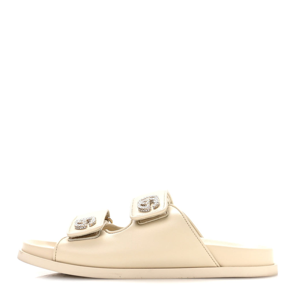 Gucci Calfskin Double G Crystal Womens Isla Dad Sandals 37 Ivory