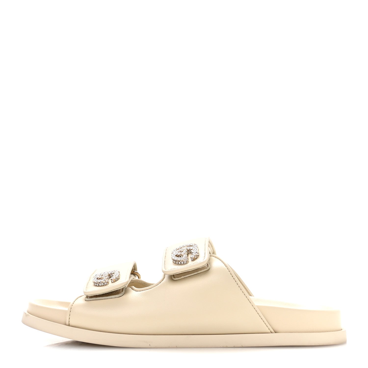 Gucci Calfskin Double G Crystal Womens Isla Dad Sandals 37 Ivory