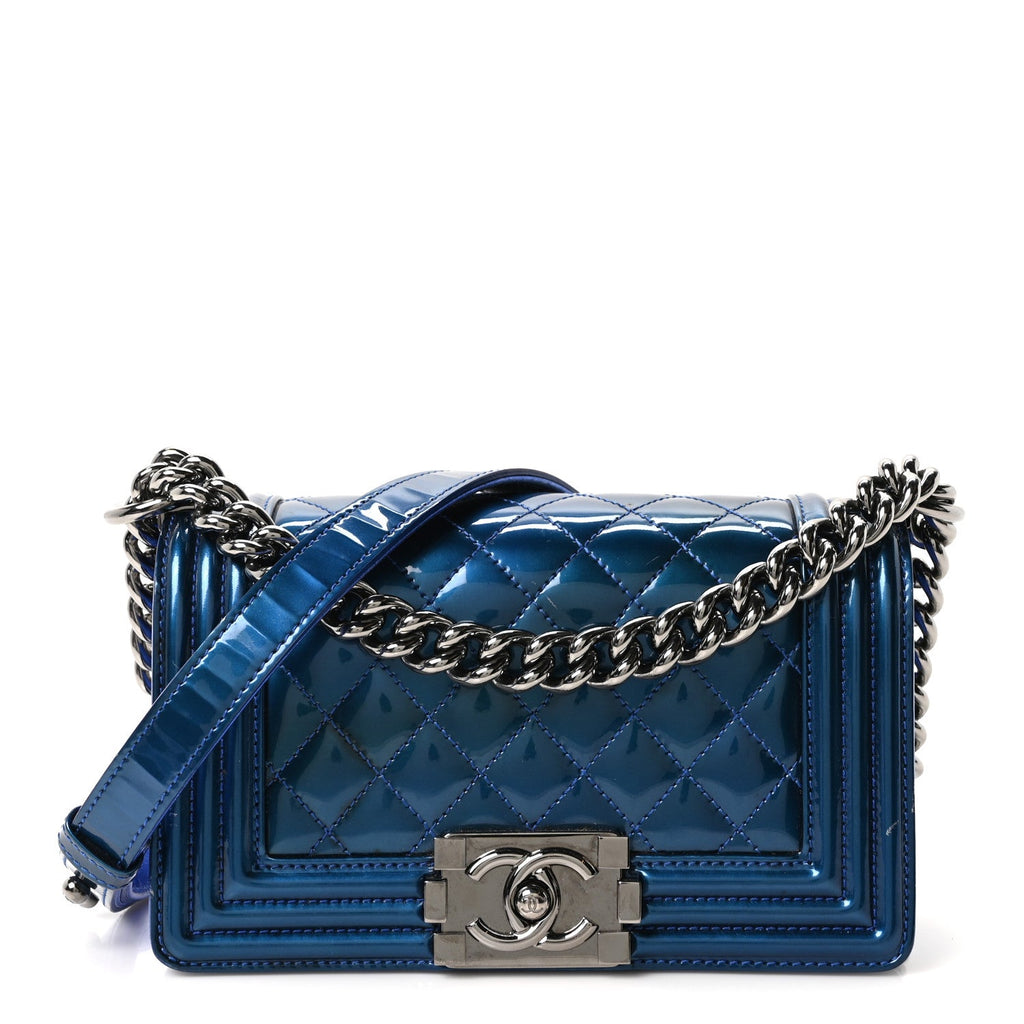 Chanel Metallic Patent Calfskin Quilted Small Boy Flap Blue