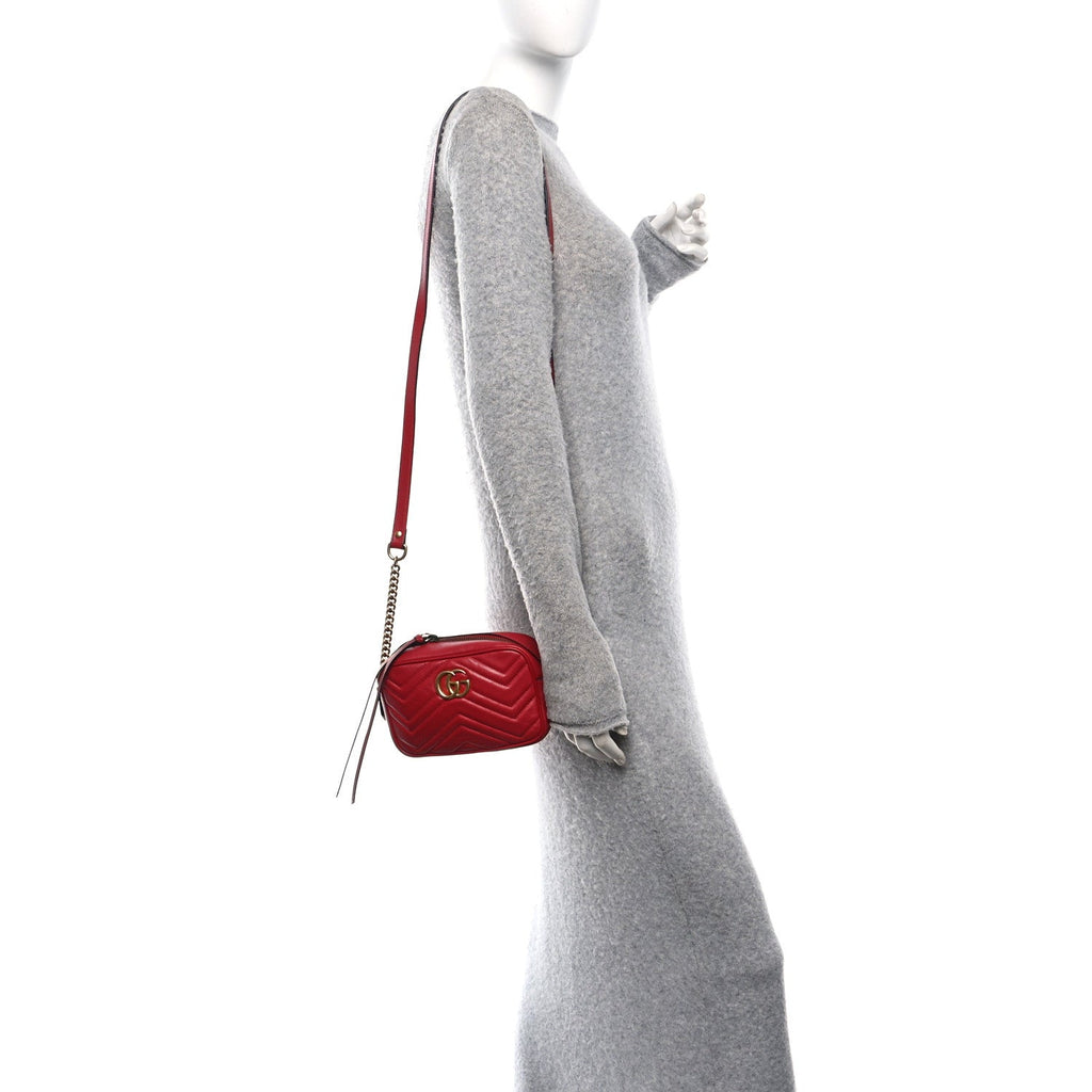 Gucci Calfskin Matelasse Mini GG Marmont Chain Shoulder Bag Hibiscus Red