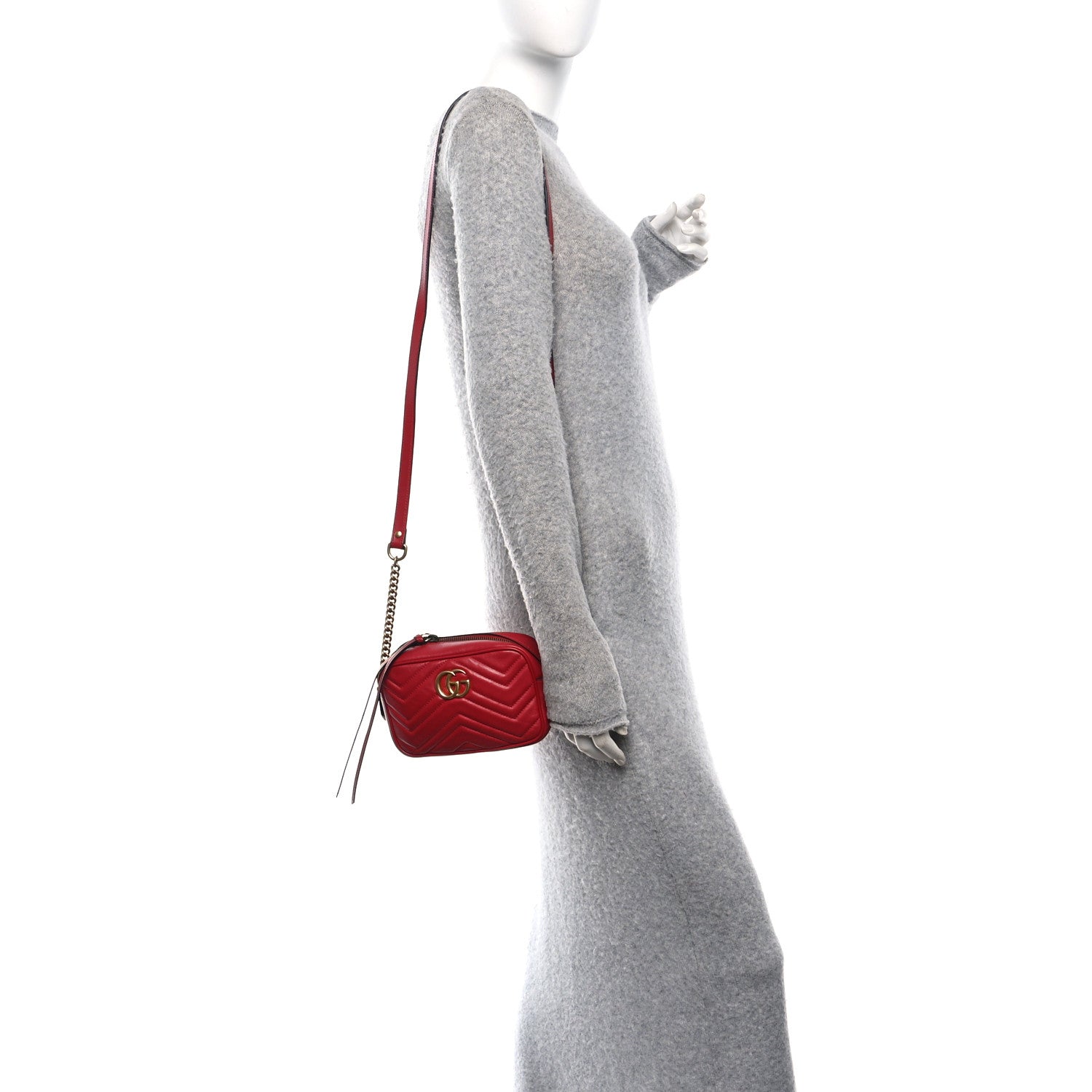 Gucci Calfskin Matelasse Mini GG Marmont Chain Shoulder Bag Hibiscus Red