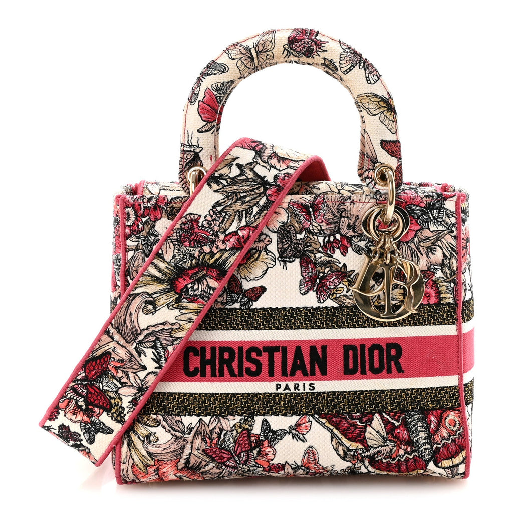 Christian Dior Canvas Embroidered Butterfly Print Medium Lady D-Lite  Multicolor