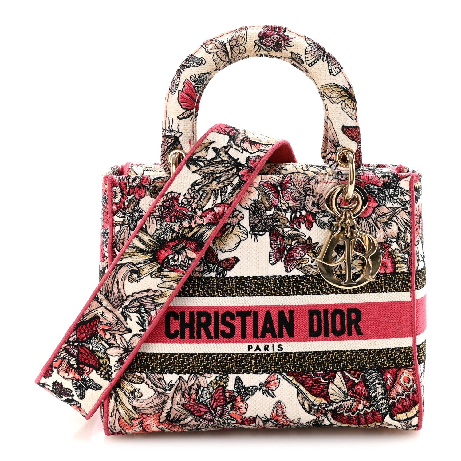 Christian Dior Canvas Embroidered Butterfly Print Medium Lady D-Lite  Multicolor
