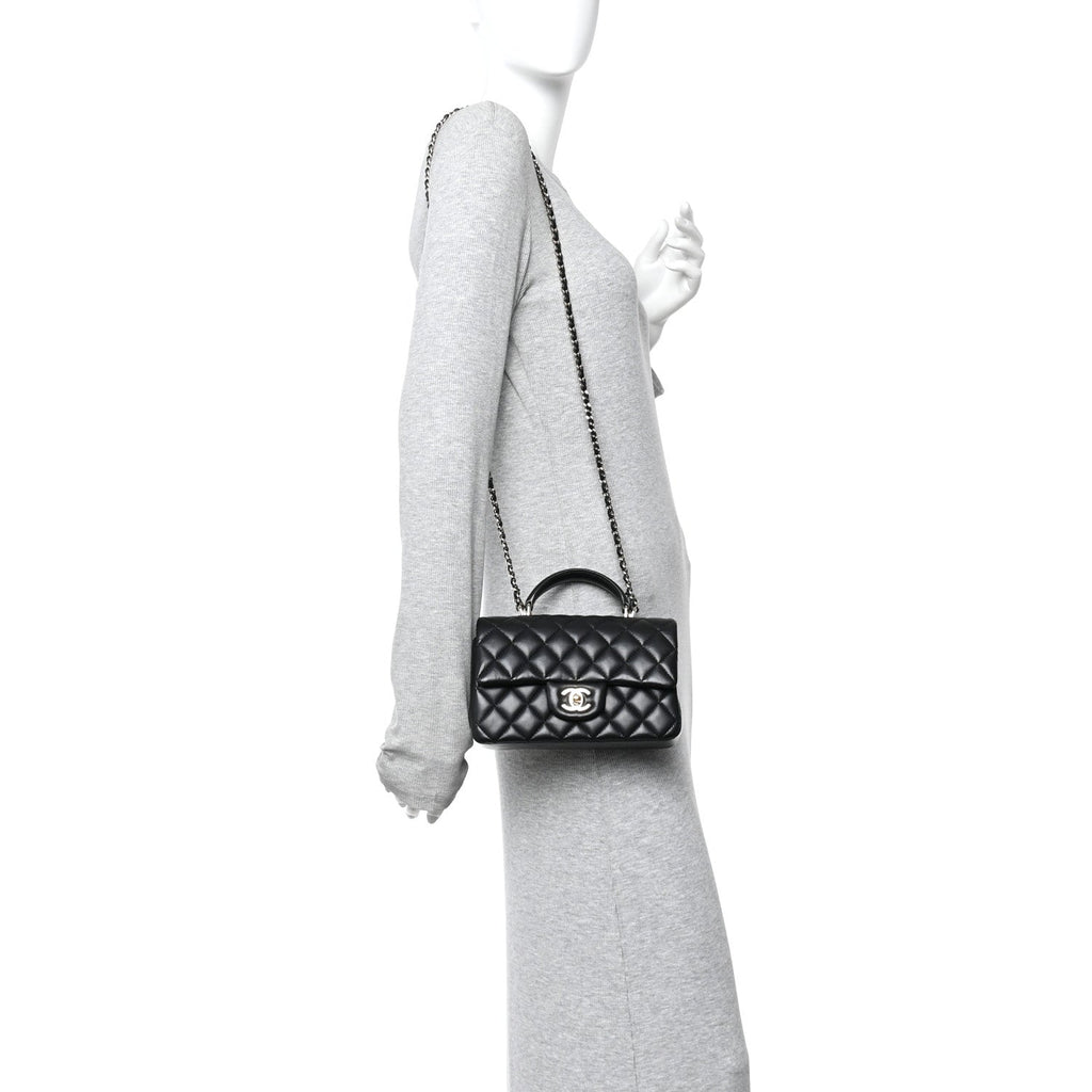 Chanel Lambskin Quilted Mini Top Handle Rectangular Flap Black