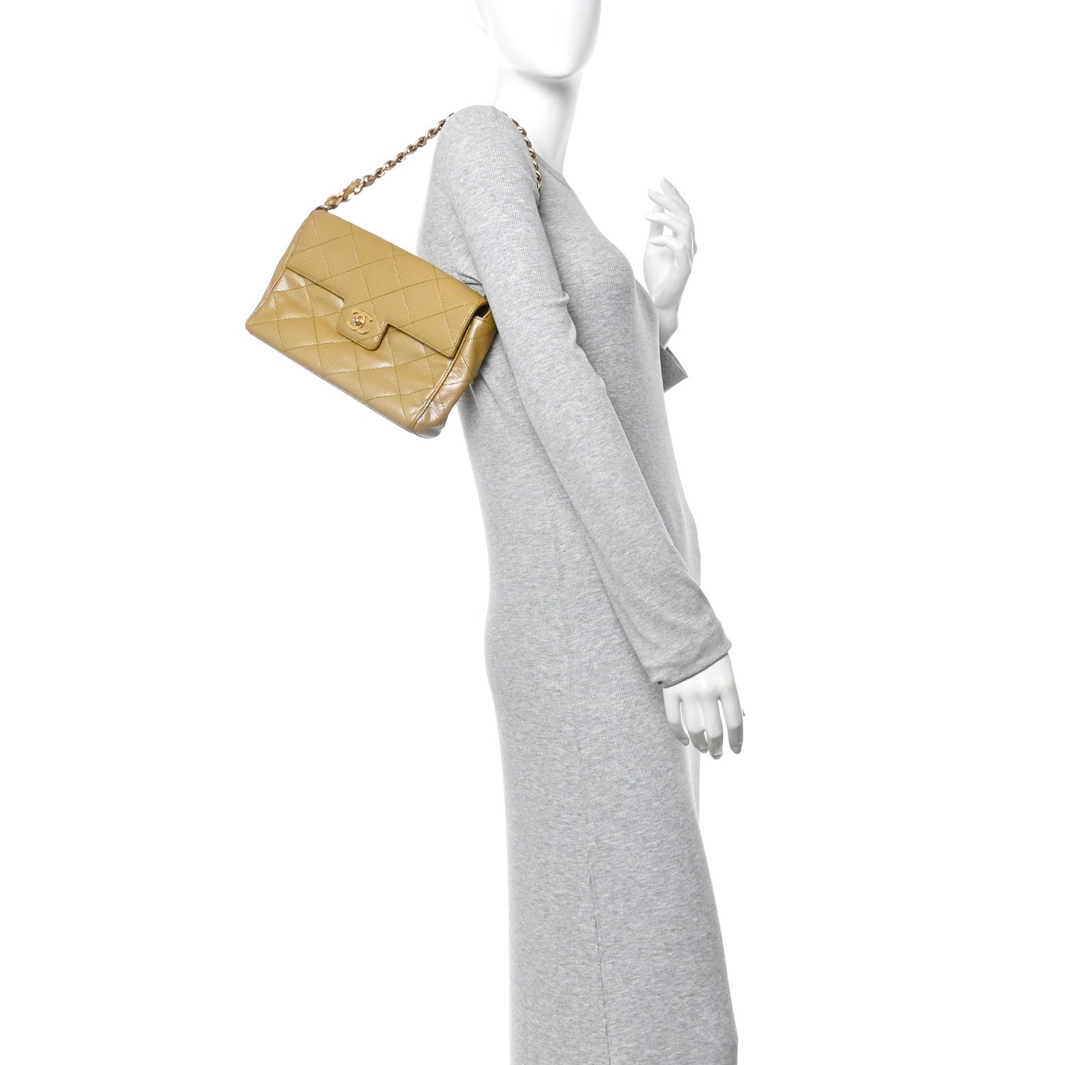 Chanel Metallic Caviar Quilted Medium Single Flap Beige