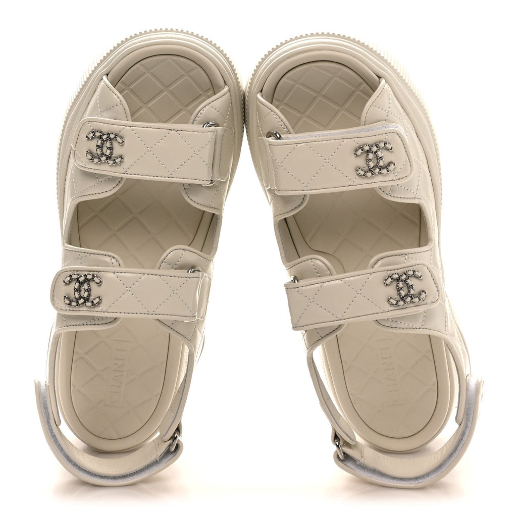 Chanel Shiny Calfskin Chain CC Velcro Dad Platform Sandals 39 White