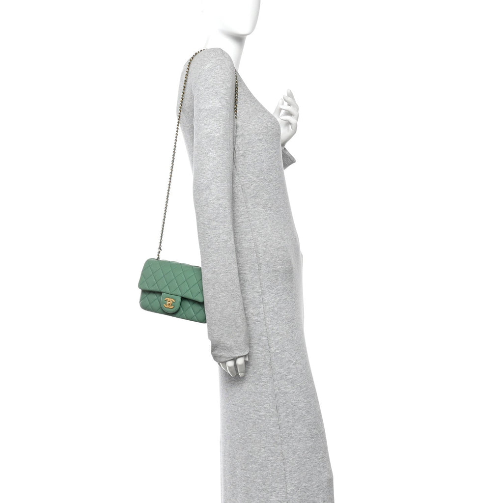 Chanel Lambskin Quilted Mini Rectangular Pearl Crush Flap Dark Green