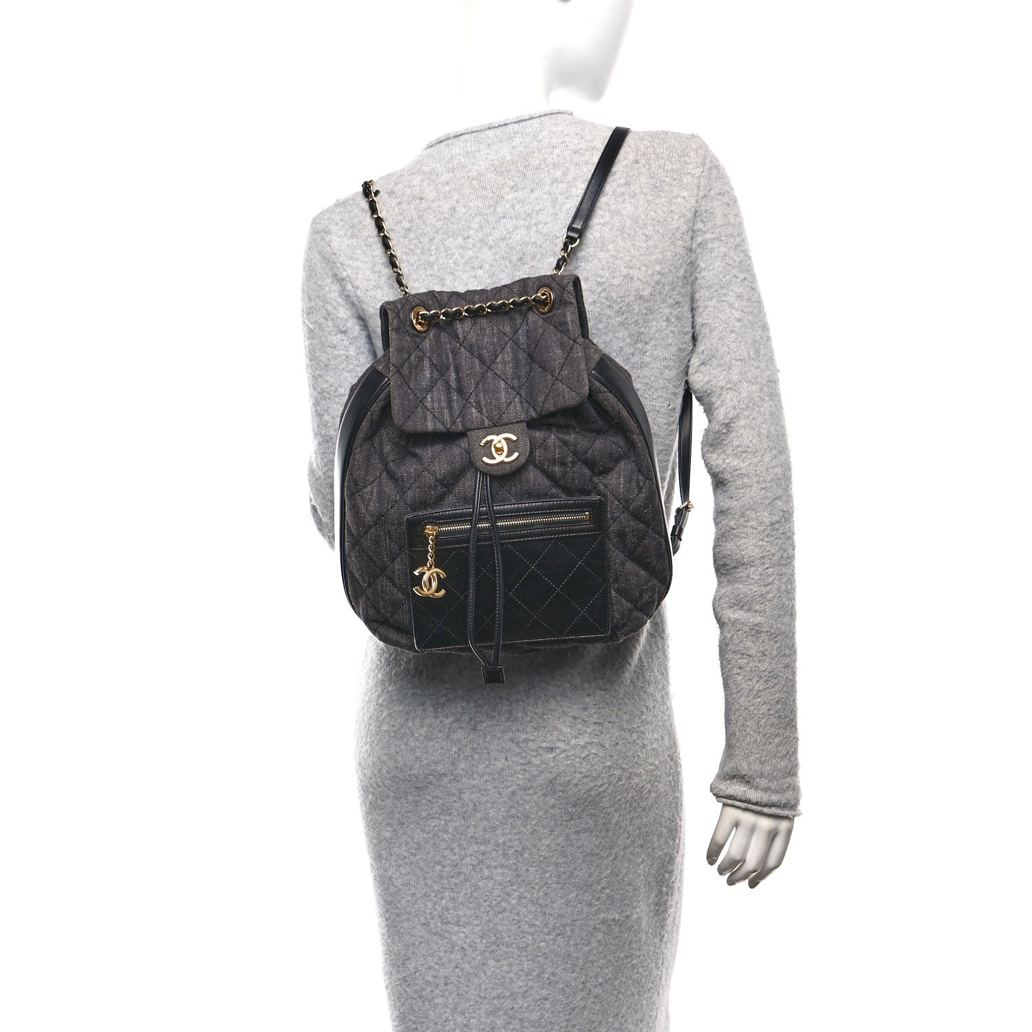 Chanel Denim Calfskin Quilted Backpack Dark Grey Black