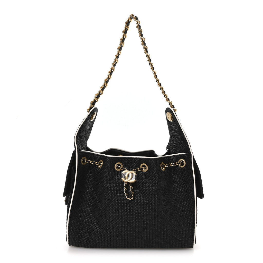 Chanel Braided Raffia Calfskin Small Chanel 25 Handbag Black White