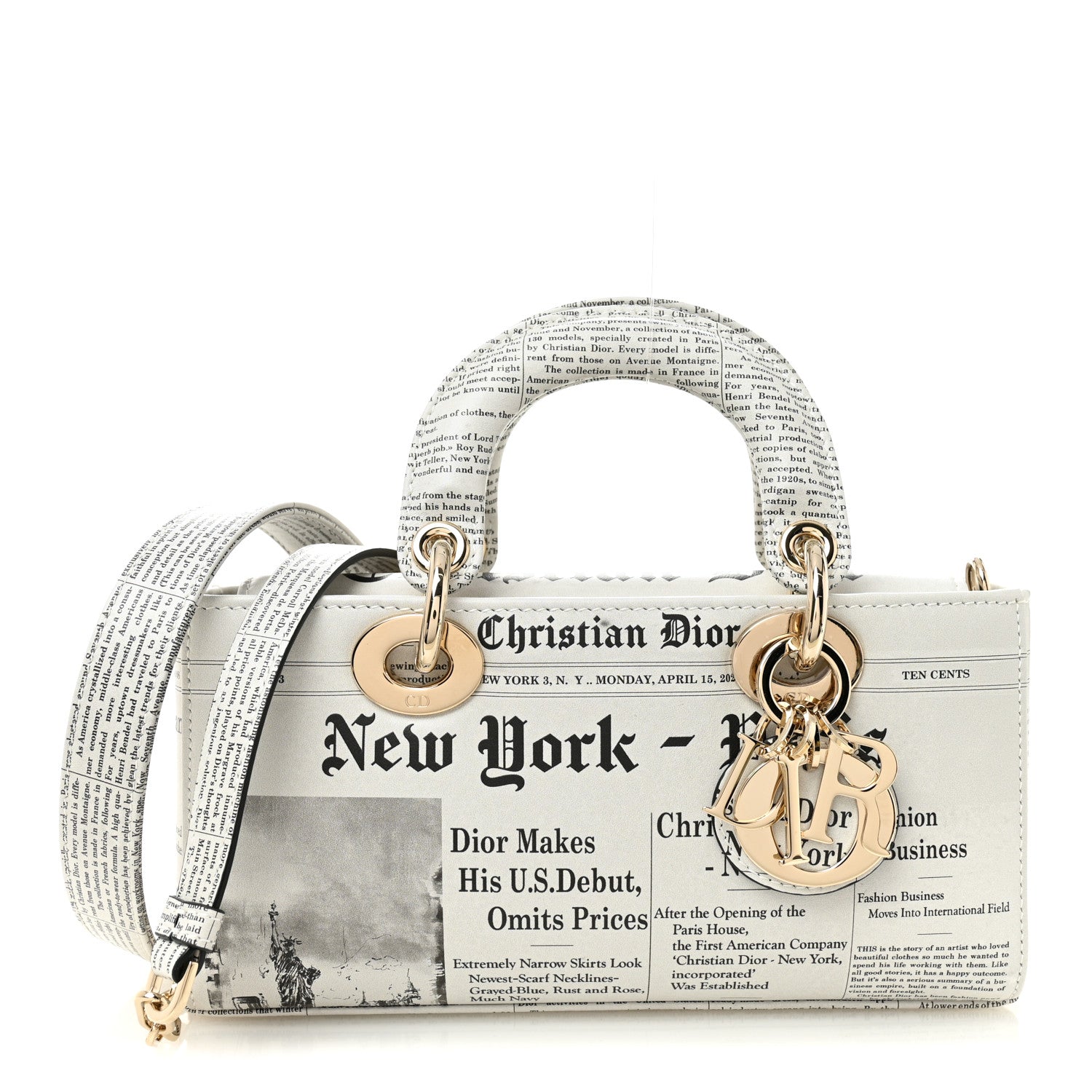 Christian Dior Calfskin Newspaper Printed Small Lady D-Joy Black White