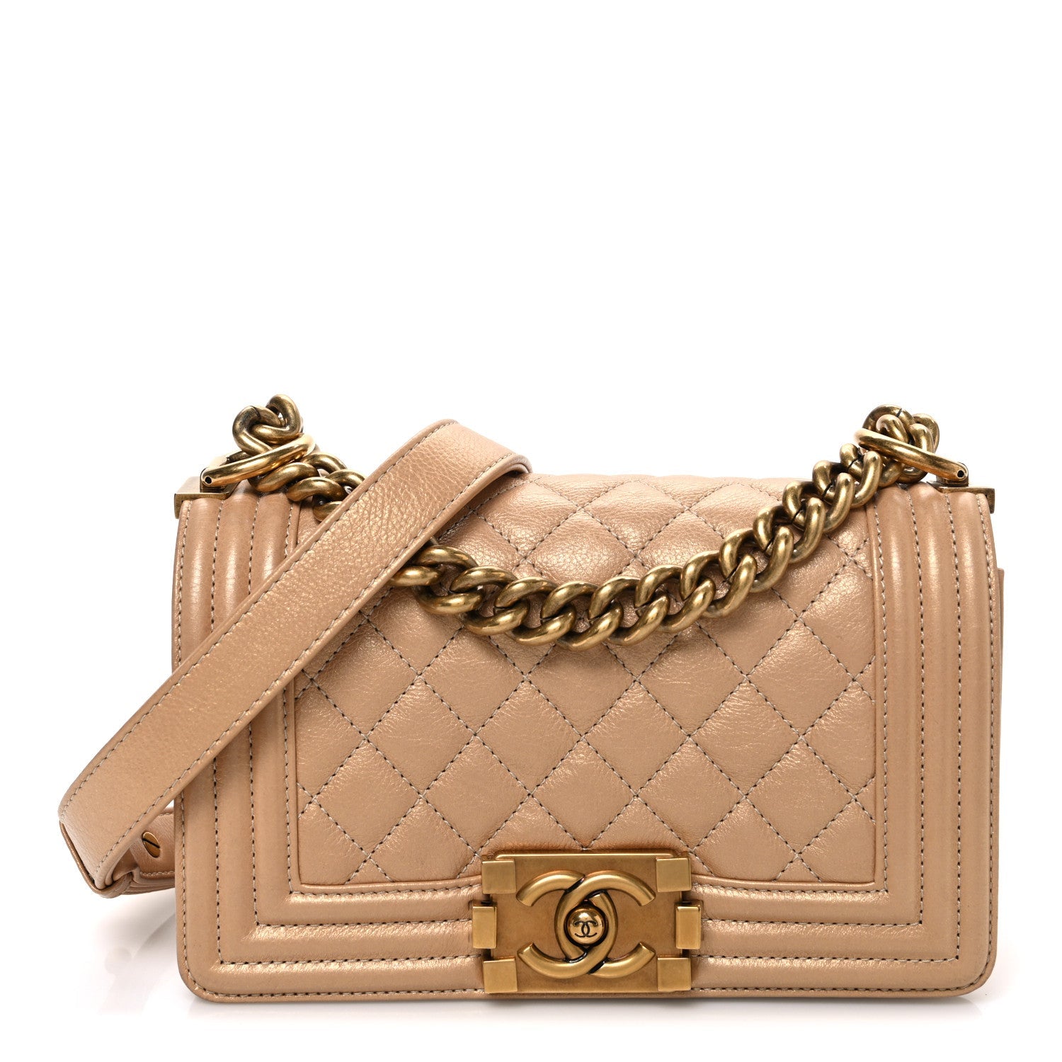 Chanel Pearl Calfskin Quilted Small Boy Flap Gold