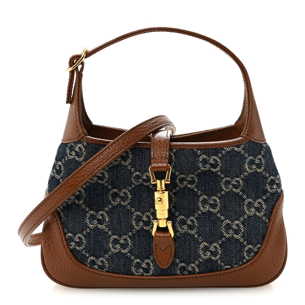 Gucci New Denim GG Monogram Calfskin Mini Jackie 1961 Hobo Blue Tea Cuir