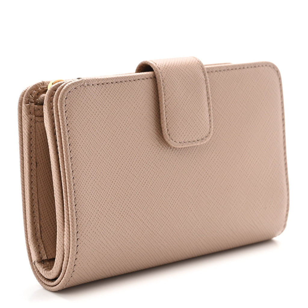 Prada Saffiano Metal Compact Zip Around Wallet Cammeo