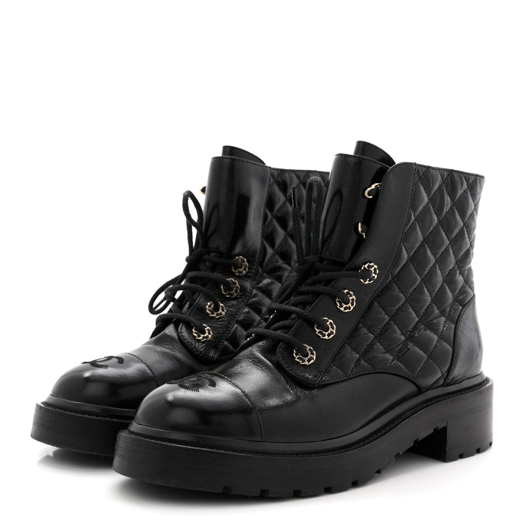 Chanel Shiny Goatskin Calfskin Quilted Lace Up Combat Boots 38.5 Black