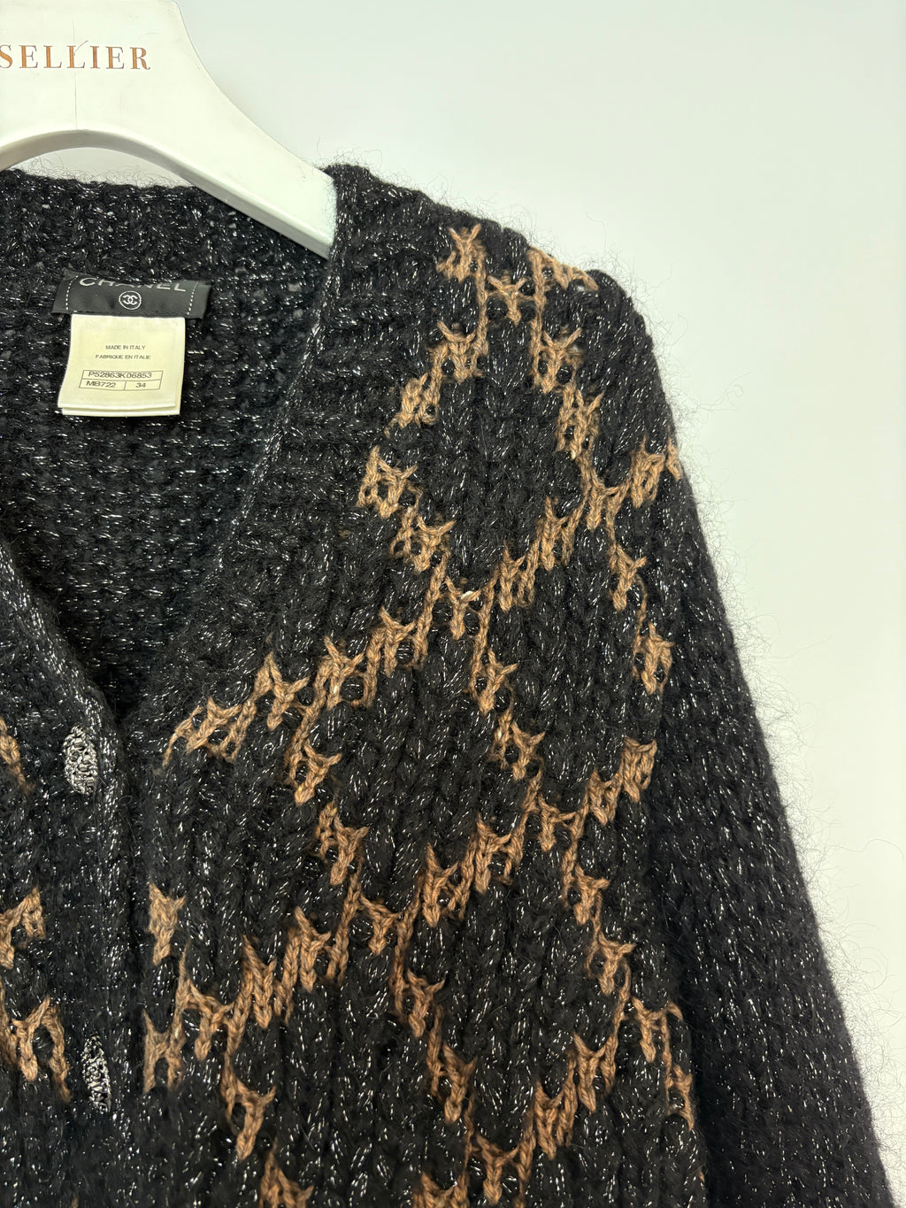 Chanel 15 F/W  Black and Brown Quilted Mohair Cardigan with Silver Threads and Black Chain Button Details Size FR 34 (UK 6)