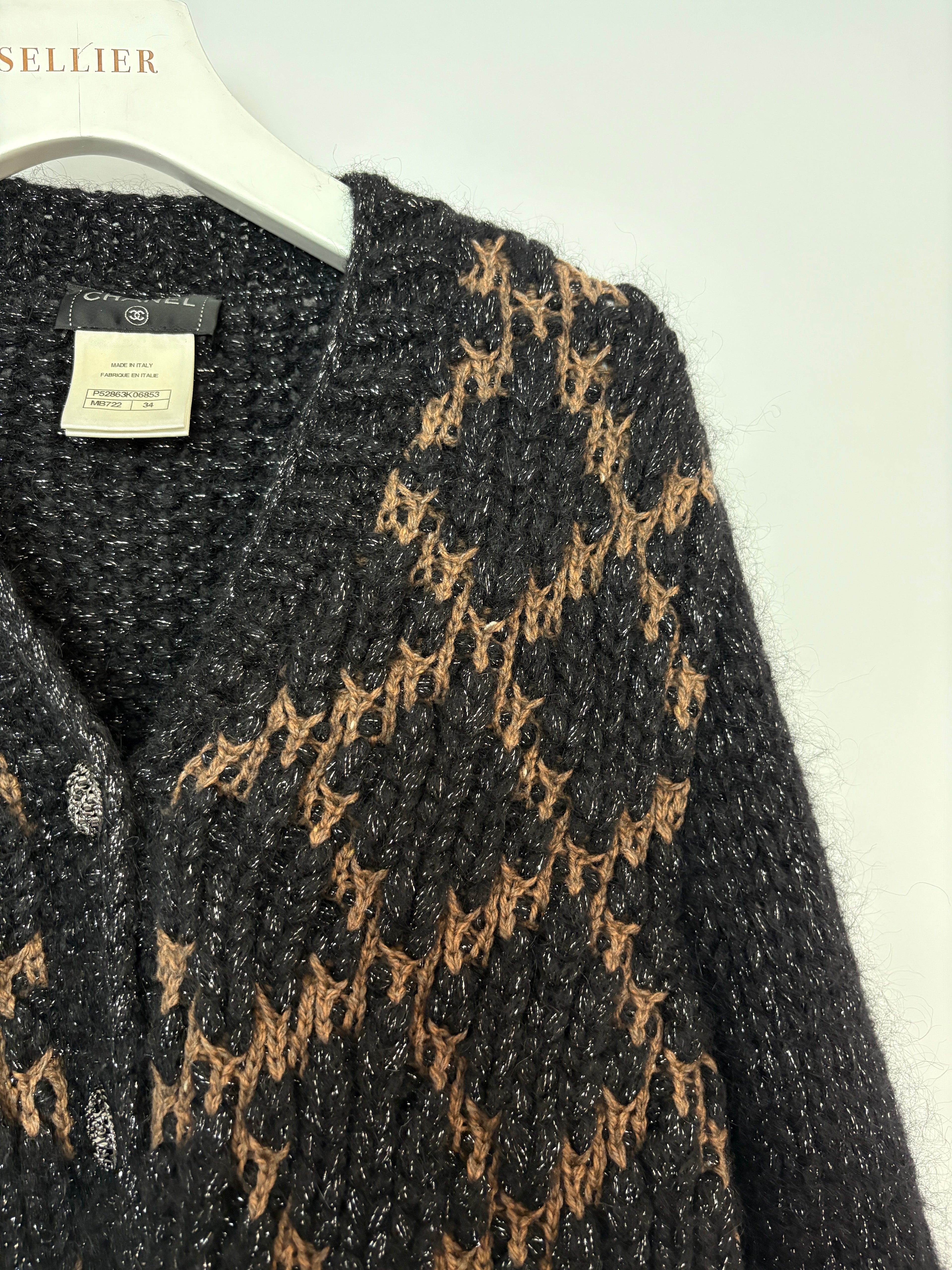 Chanel 15 F/W  Black and Brown Quilted Mohair Cardigan with Silver Threads and Black Chain Button Details Size FR 34 (UK 6)