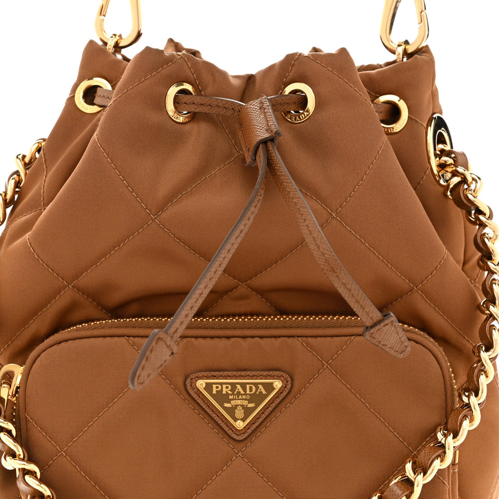 Prada Re-Nylon Saffiano Stitched Re-Edition 1995 Chaine Drawstring Bucket Bag Brandy