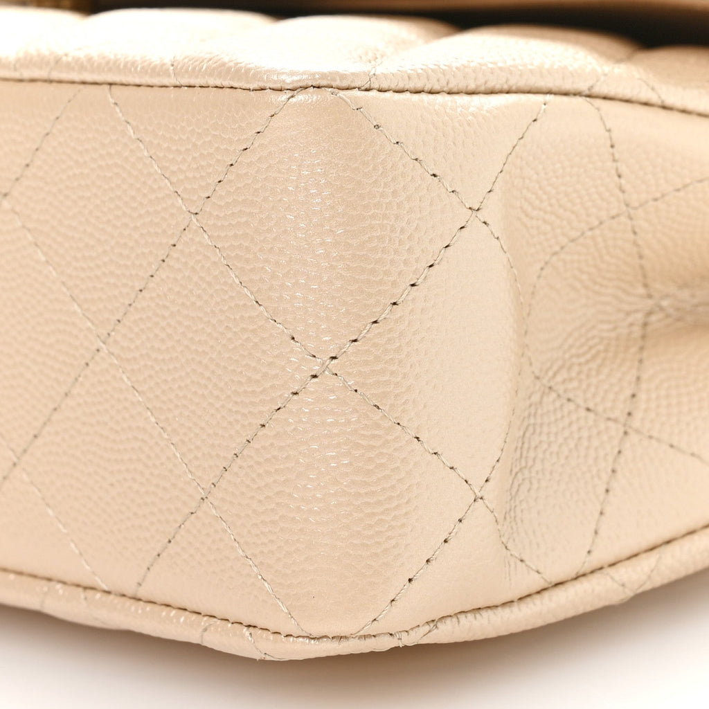 Chanel Metallic Caviar Quilted Small Double Flap Beige