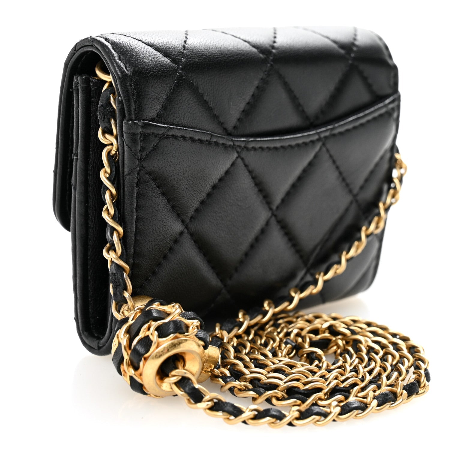 Chanel Lambskin Quilted Pearl Crush Card Holder With Chain Black