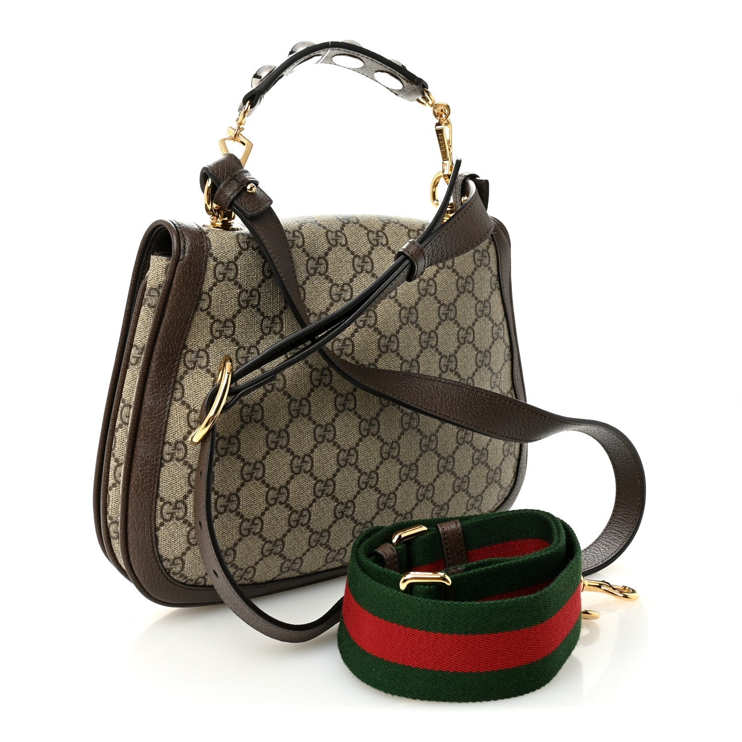 Gucci GG Supreme Monogram Textured Dollar Calfskin Web Medium Blondie Top Handle Shoulder Flap Bag Beige Ebony New Acero