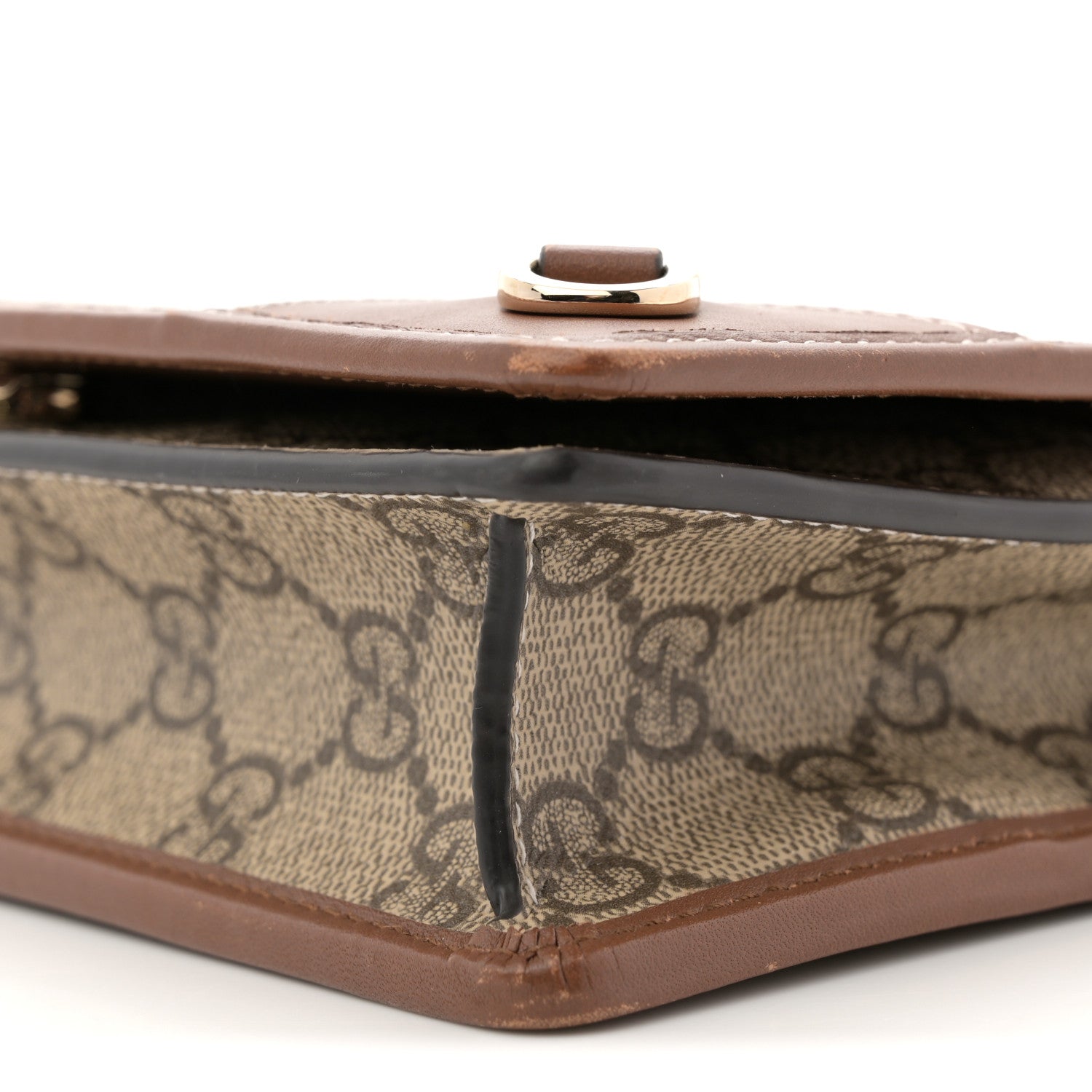 Gucci GG Supreme Monogram Textured Calfskin Emblem Super Mini Shoulder Bag Beige Dark Brown