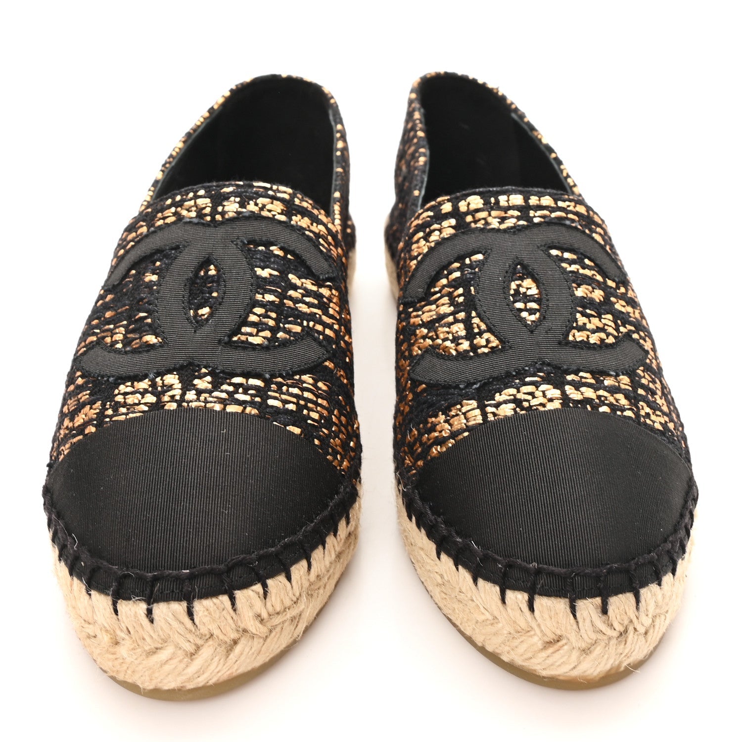 Metallic Tweed Grosgrain CC Espadrilles 38 Gold Black