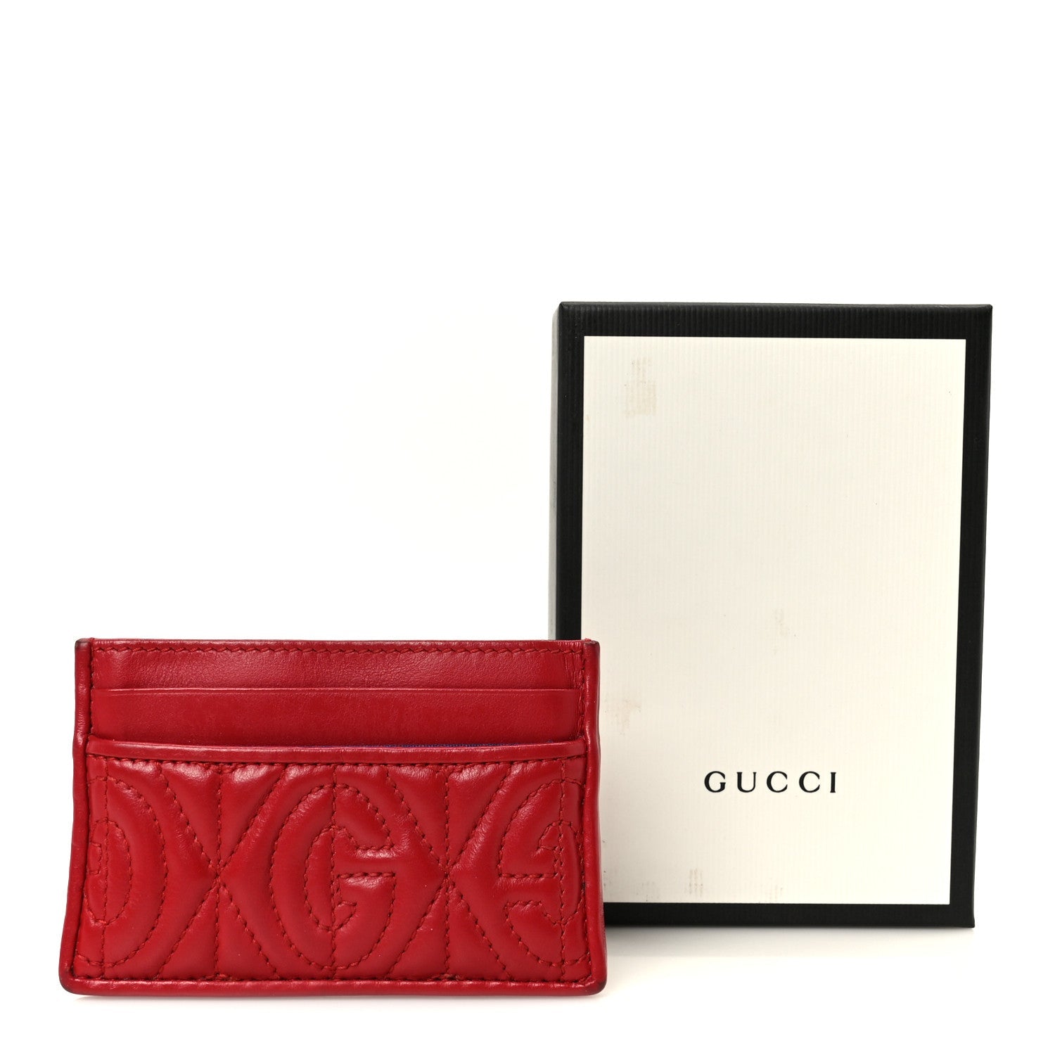 Gucci Calfskin G Rhombus Quilted Card Holder Hibiscus Red