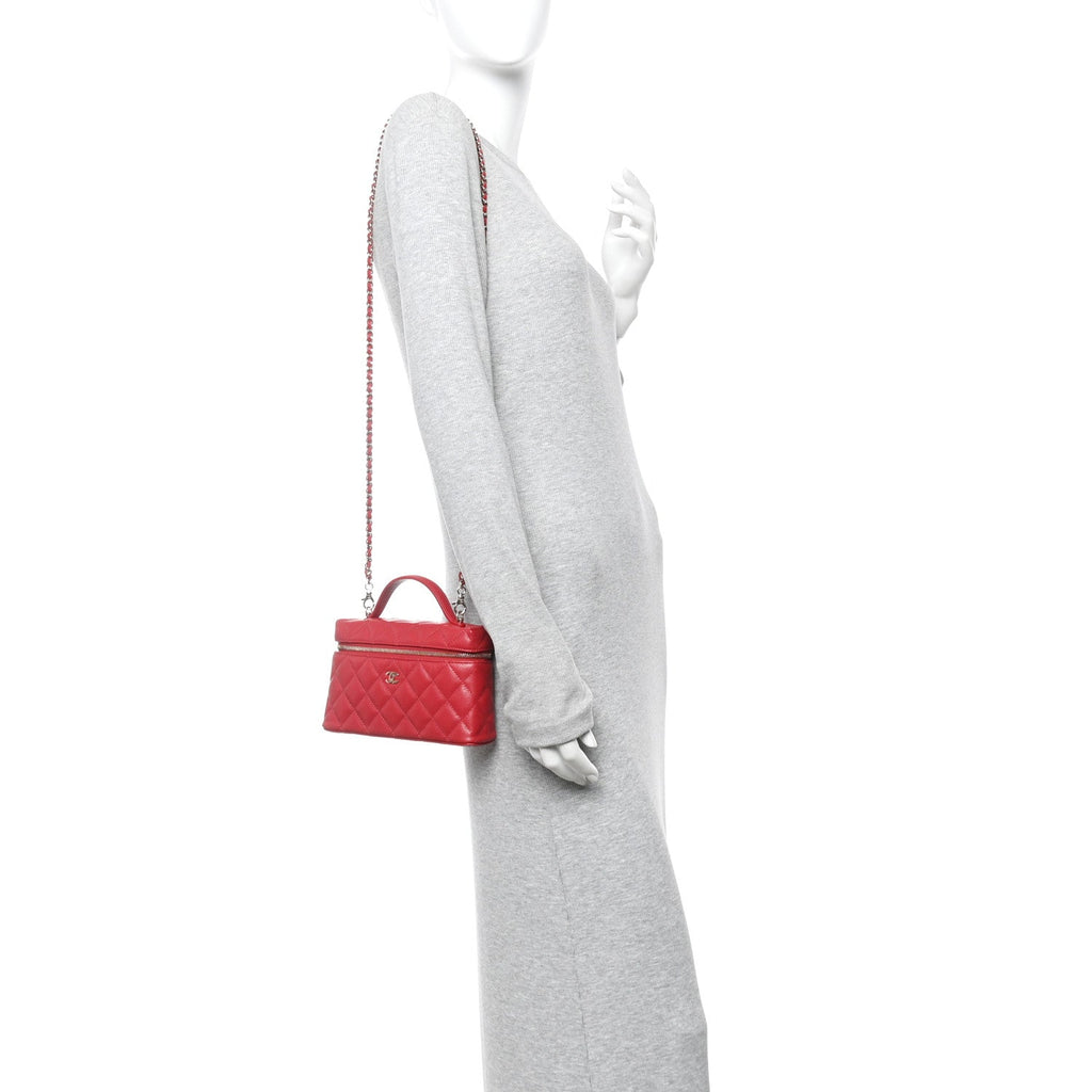 Chanel Caviar Quilted Top Handle Slim Vanity With Chain Red