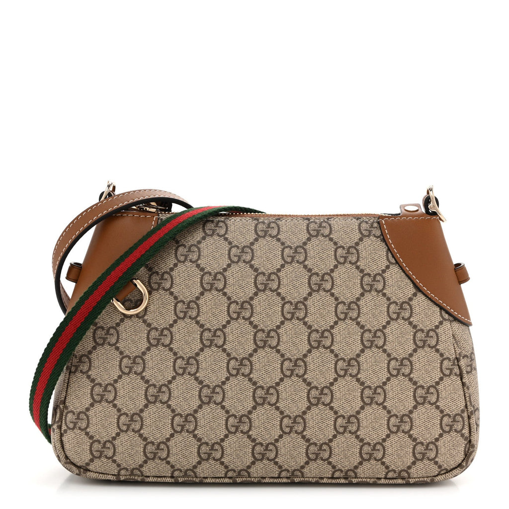 Gucci GG Supreme Monogram Textured Calfskin Small Emblem Shoulder Bag Beige Dark Brown