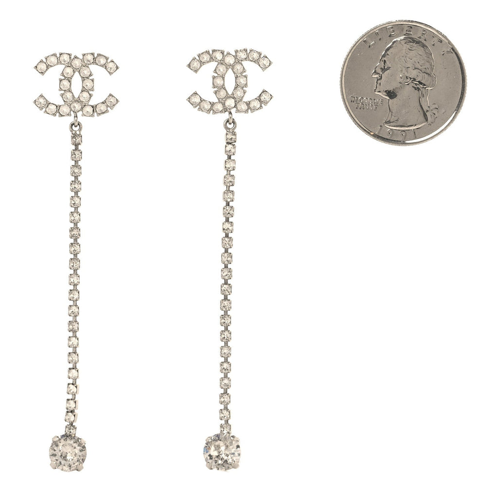 Metal Baguette Round Crystal CC Drop Long Earrings Silver