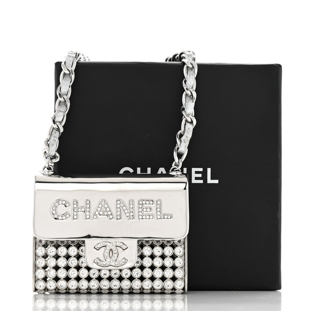 Metal Lambskin Strass Crystal Purse CC Long Necklace Silver