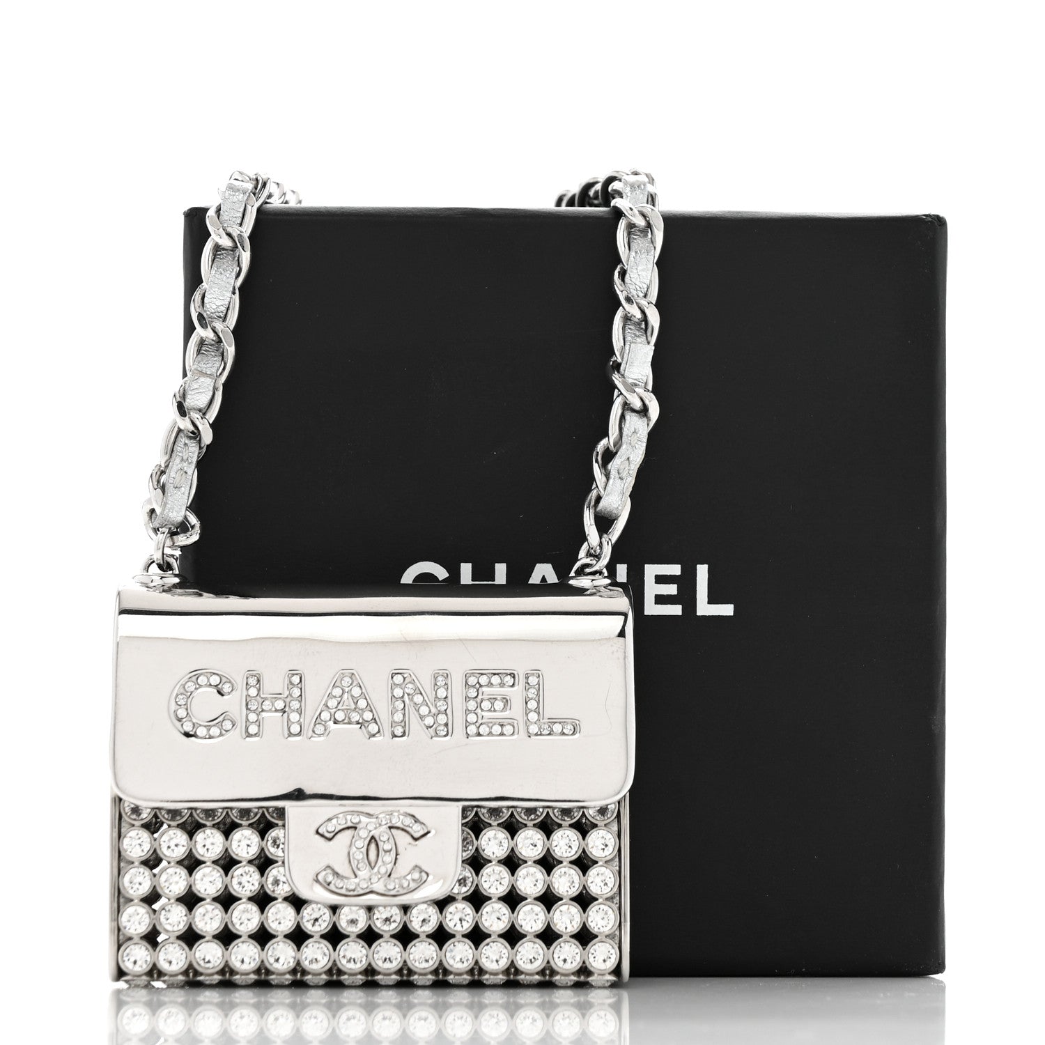 Metal Lambskin Strass Crystal Purse CC Long Necklace Silver