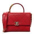 Chanel Lambskin Stitched Pearl Logo Top Handle Flap Red