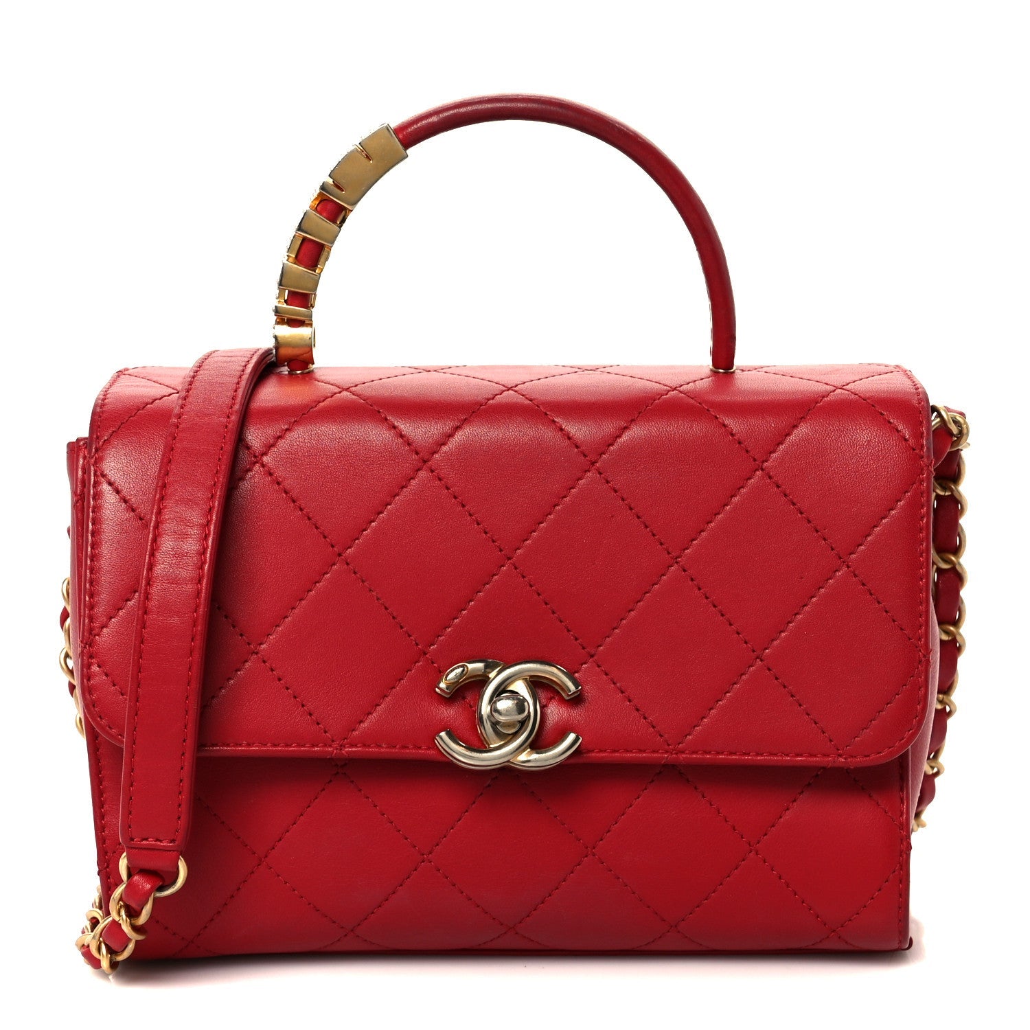 Chanel Lambskin Stitched Pearl Logo Top Handle Flap Red