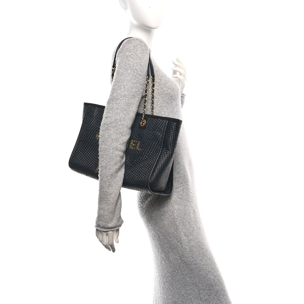 Chanel Straw Raffia Calfskin Chain Small Deauville Tote Black