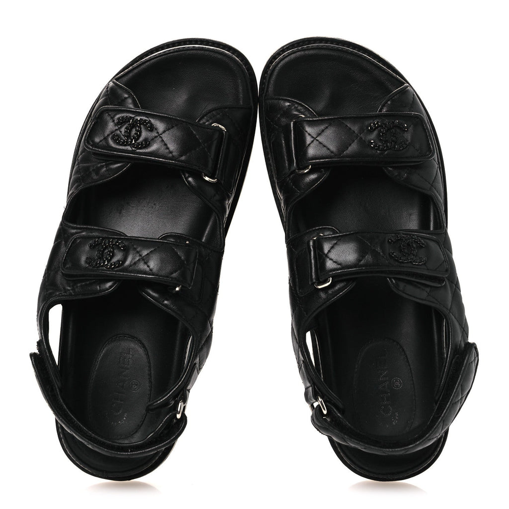 Lambskin Quilted Velcro Dad Sandals 38.5 So Black