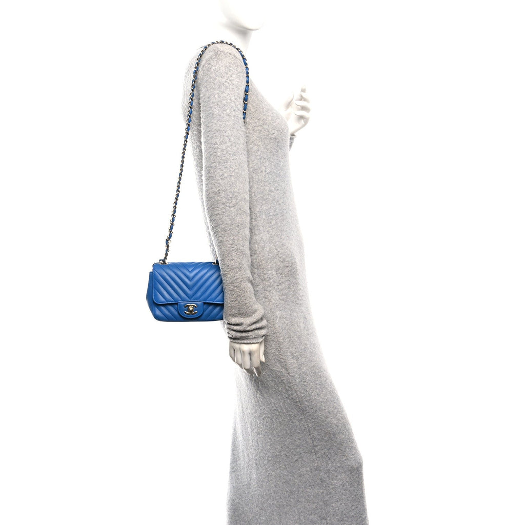 Chanel Lambskin Chevron Quilted Mini Square Flap Blue