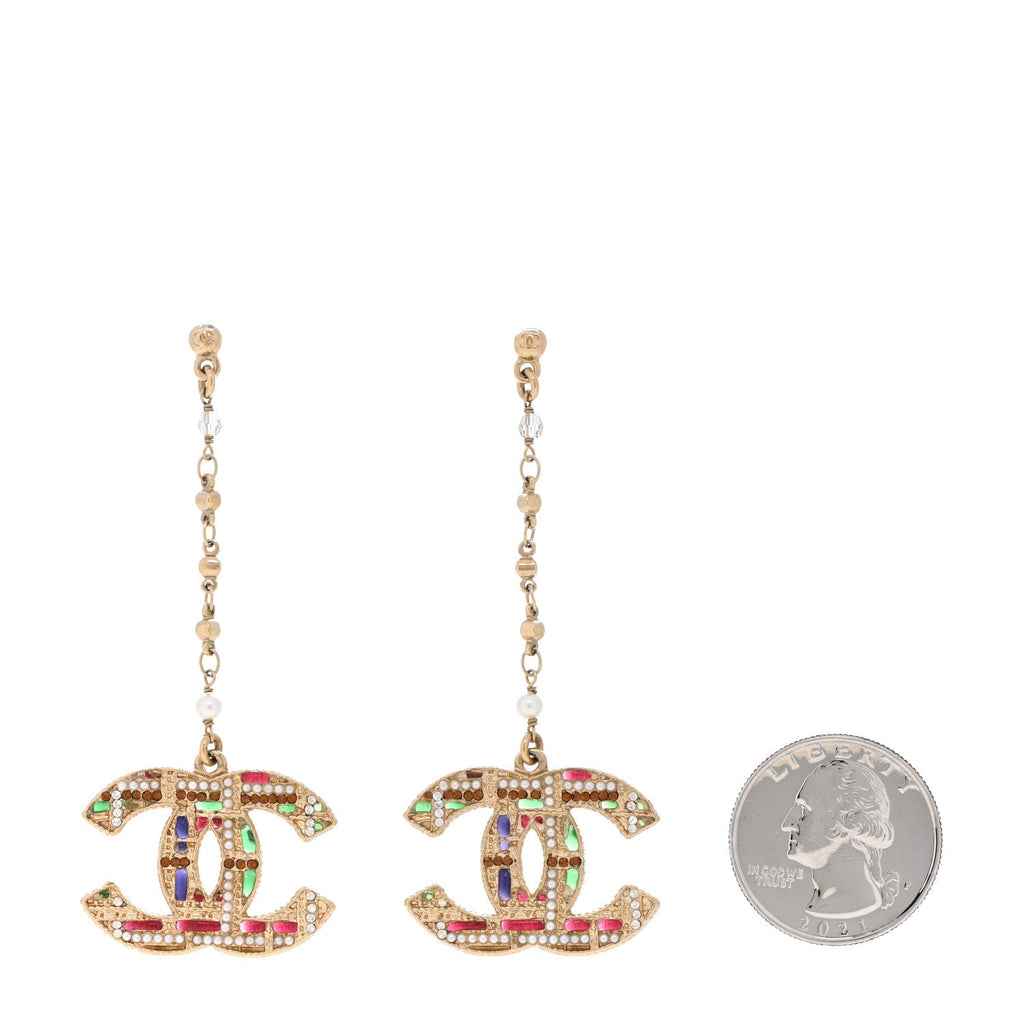 Pearl Crystal CC Tweed Drop Earrings Gold Brown Green