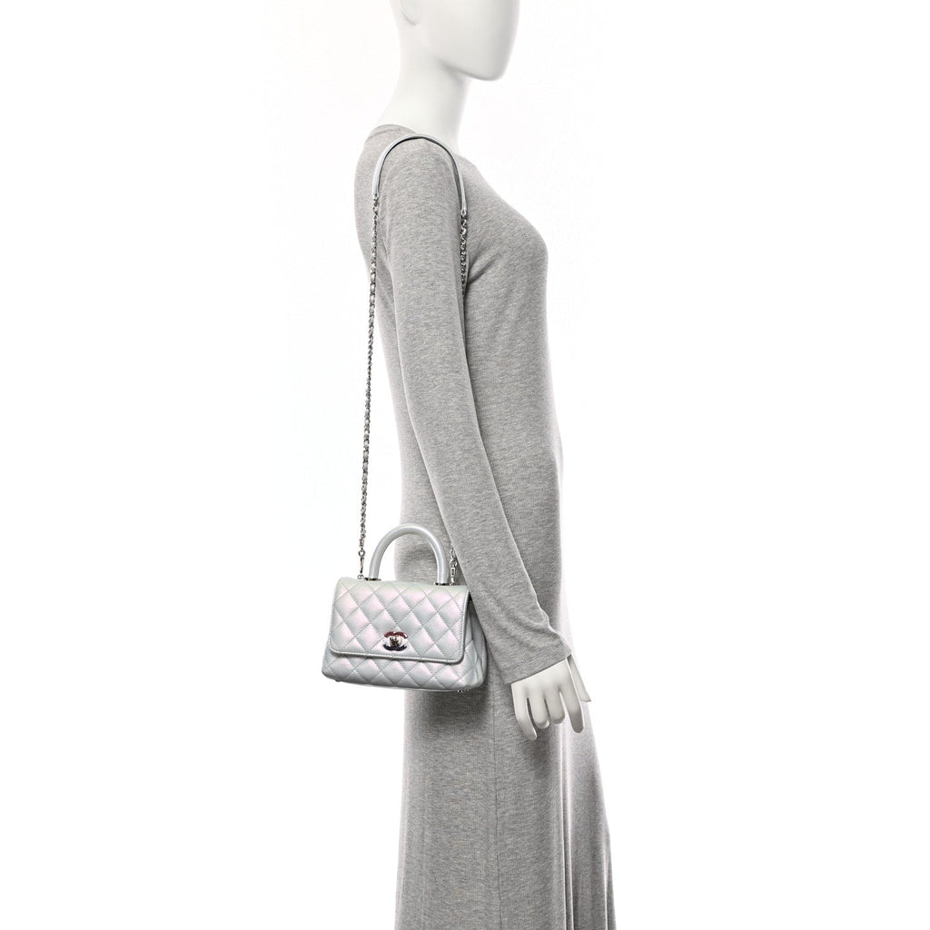 Chanel Iridescent Caviar Quilted Extra Mini Coco Handle Flap Light Blue