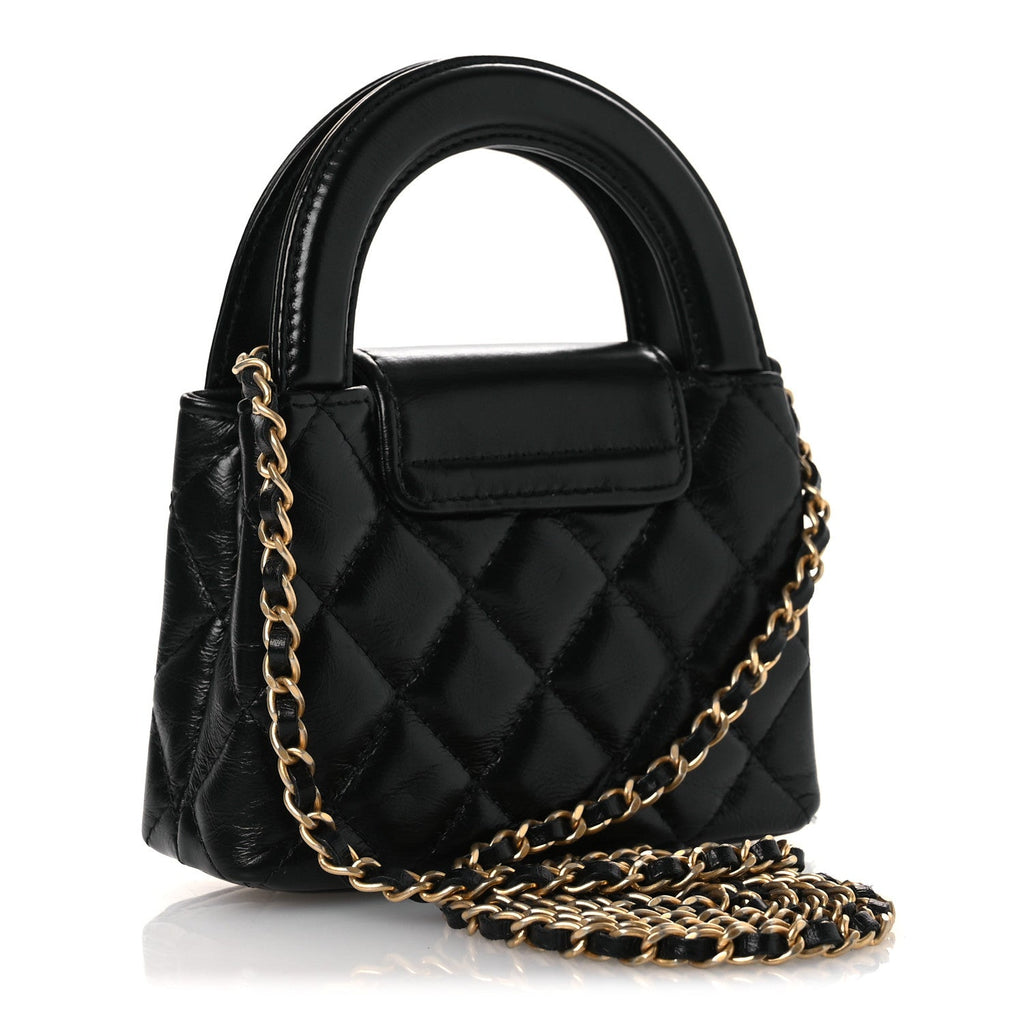 Chanel Shiny Aged Calfskin Quilted Mini Nano Kelly Shopper Black