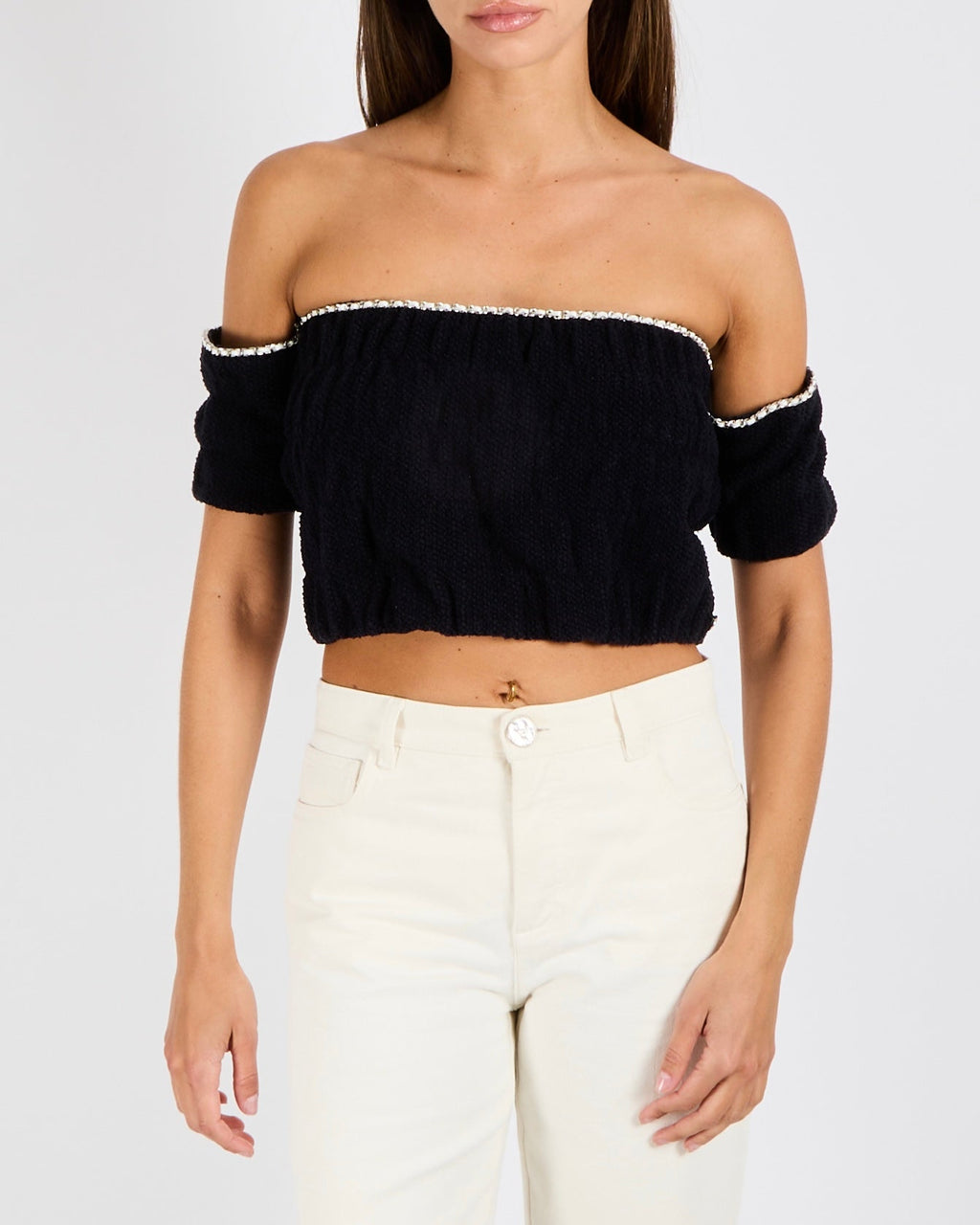 Chanel Cruise 2021 Navy Knit Short-Sleeved Crop Top with Silver and White Leather Chain Trims and Silver CC Logo Button Detail Size FR 38 (UK 10)